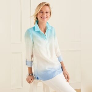 Talbots SZ 2X 100% Linen Ombré Blue Dip Dye Tunic Button Detail Nautical Classic